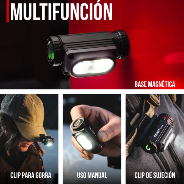 Coast WPH10R - Linterna frontal LED recargable de 1000 lúmenes con tapa trasera magnética y modo de luz roja, ligera, impermeable IP67