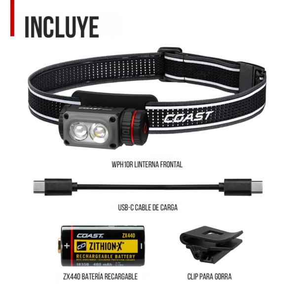 Coast WPH10R - Linterna frontal LED recargable de 1000 lúmenes con tapa trasera magnética y modo de luz roja, ligera, impermeable IP67